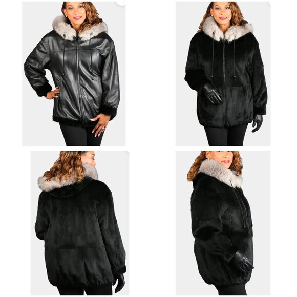 Woman's Dyed Black Sheared Mink Fur Parka Reversing to Black Leather M/L - Picture 1 of 16